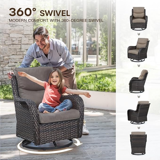 Patio Swivel Chairs with Smile-Shaped Cushions, 3 Piece High Back Patio Swivel Glider Chairs with Side Table 3PCS PE Rattan Luxury Swivel Patio Chairs Set Brown Wicker | Grey Cushions