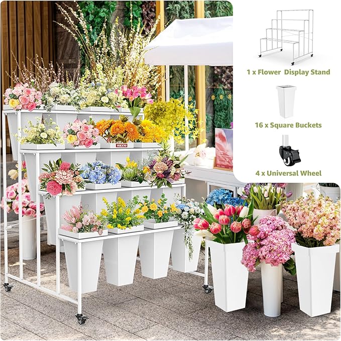 Flower Display Stand 4 Layers with 16 PCS Square Buckets, Plant Stand with Wheels, Movable Metal Plant Stand for Terrace Garden, Living Room, Florist Shop