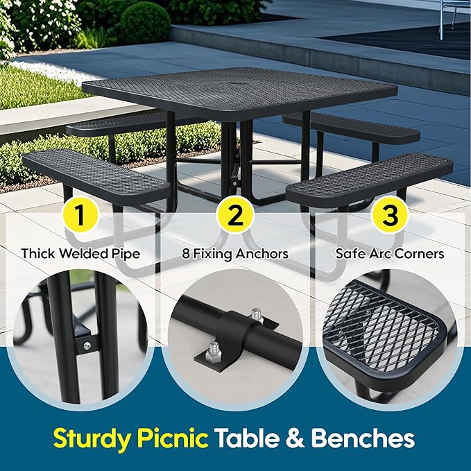 46Inch Square Picnic Table for 8 Person, Outdoor Heavy Duty Sturdy Picnic Tables with 4 Benches & Umbrella Hole, Commercial Metal Patio Picnic Table for Garden, BBQ, Coffee Store, Party, Porch (Black)