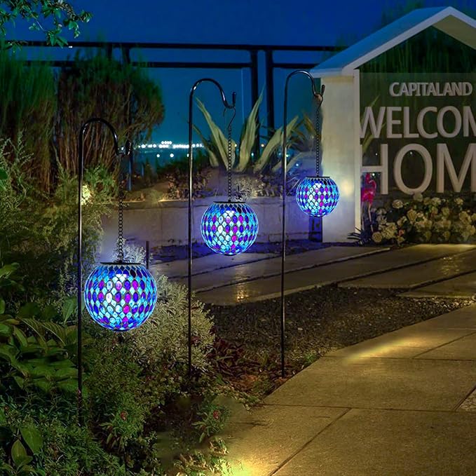 VCUTEKA Hanging Solar Lanterns Mosaic Solar Lights with Hook Up, Outdoor Garden Lights Decor for Yard Tree Fence Patio