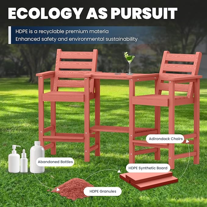 Tall Adirondack Chairs Set of 2, All Weather HDPE Poly Bar Height Balcony Adirondack Chair with Removable Double Connecting Trays, Outdoor Adirondack Barstools for Deck, Patio, Yard, Pool, Lawn