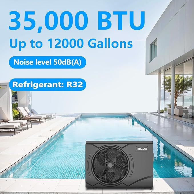 MICOE 35000 BTU Pool Heater for Above Ground Pool and Inground Pool up to 24ft (11/18/24ft) / 12000 Gallons, Inverter Electric Swimming Pool Heat Pump, Heating and Cooling Mode (35000 BTU)