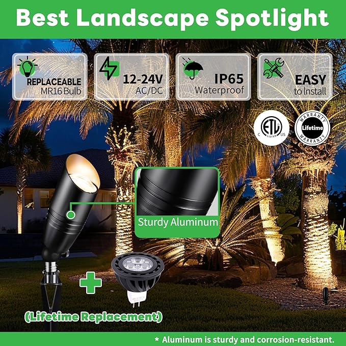 Black 12V Landscape Spotlight, LED Low Voltage Outdoor Light, Aluminum Uplight for Plant Fence Sign Outside Decoration with 5W MR16 Bulb 2700K 4 Pack