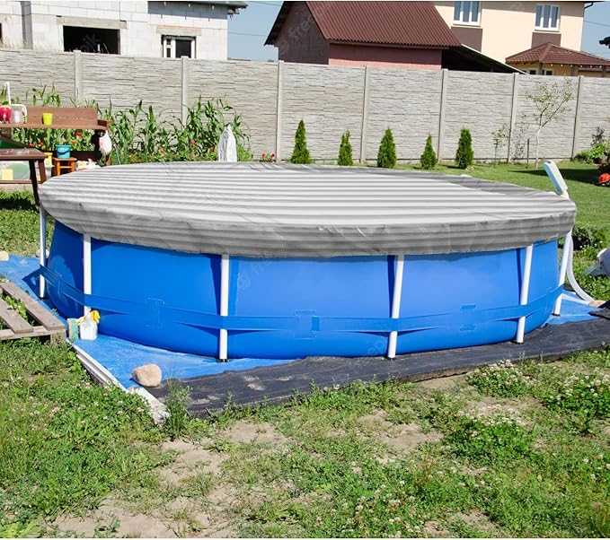 ECOOPTS 14 ft Round Pool Cover for Above Ground Pools, Swimming Pool Cover Protector Winter Safety Cover (Gray White Stripes)