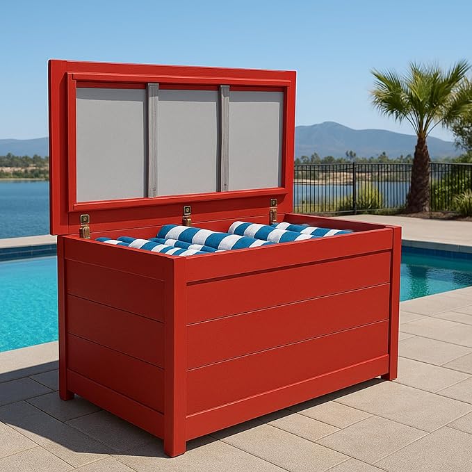 DutchCrafters Poly Waterproof Outdoor Deck Box 200-Gallon Large Deck Box Weatherproof Storage for Pool Decor, Porch Packages, Pool Towel Holder, Holds Up To 10 Cushions (Weatherwood)