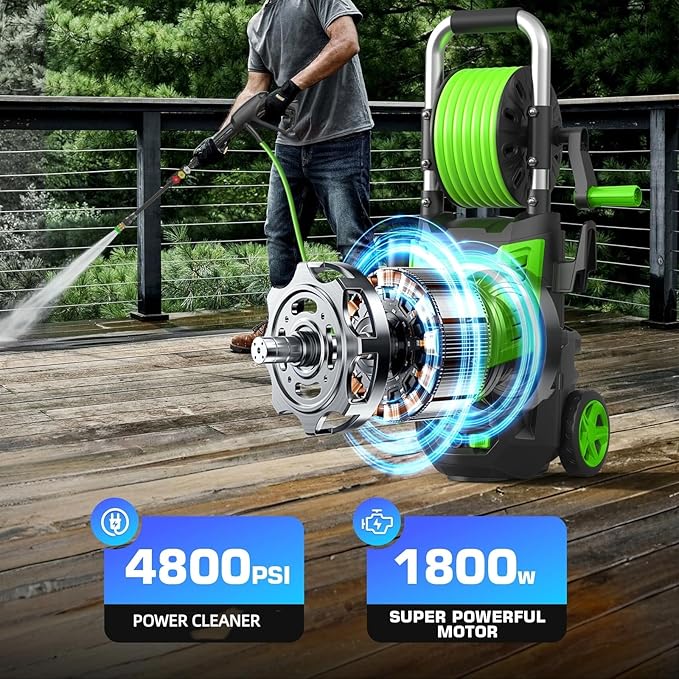 4800 PSI Pressure Cleaner- 4.0 GPM High Power Cleaner with 33FT Hose Reel M22-14mm, 4 Nozzles and Foam Cannon, for Home, Cars, Fences, Patio, 2025 Upgraded (Green)