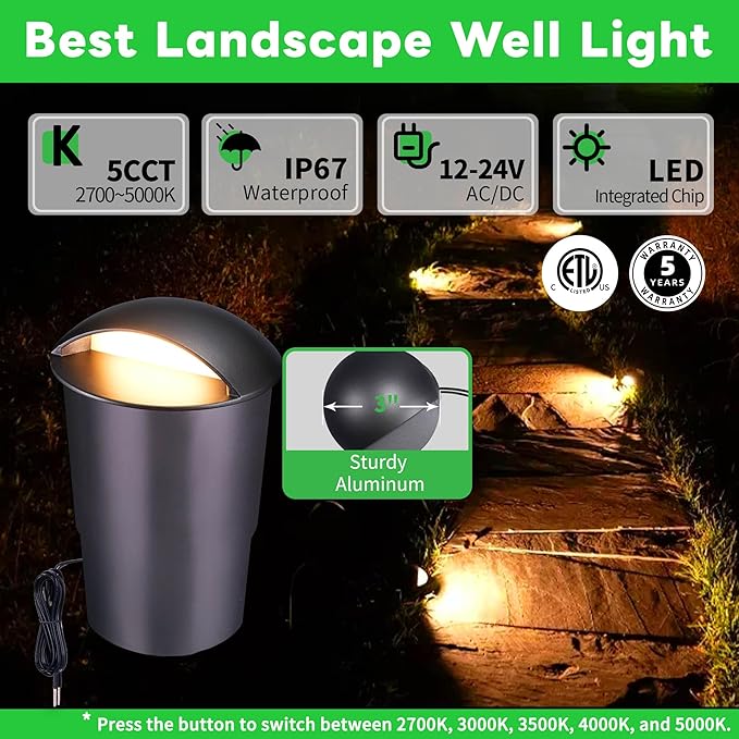 Low Voltage Well Lights - 5 Colors Temp IP67 In-Ground Light, 2700K/3000K/3500K/4000K/5000K Outdoor 12V LED Turret Top Landscape Lighting, ORB Aluminum for Pathway Deck Patio 3W 170LM