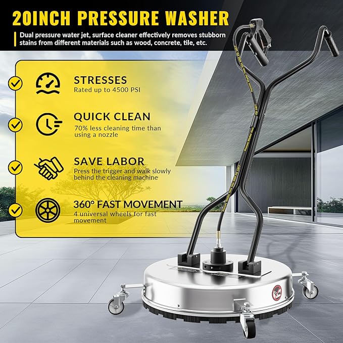 Doniks 20 Inch Pressure Washer Surface Cleaner with 4 Wheels,Dual Handle,Stainless Steel Housing,4500 PSI Power Washer Accessory for Concrete, Patio, Sidewalk, Deck, Driveways and Daily Washing