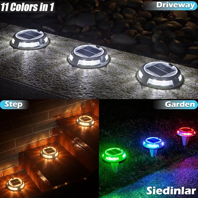 SIEDiNLAR Solar Driveway Lights Outdoor 16 LEDs 9 Modes, Dock Markers Deck Lights Waterproof Warning for Driveway Walkway Step Pathway Ground Yard Garden, RGB (8 Pack)