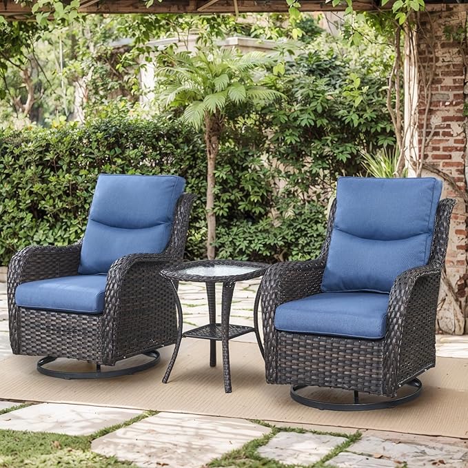 Patio Swivel Chairs with Smile-Shaped Cushions, 3 Piece High Back Patio Swivel Glider Chairs with Side Table 3PCS PE Rattan Luxury Swivel Patio Chair Set Brown Wicker - Blue Cushions