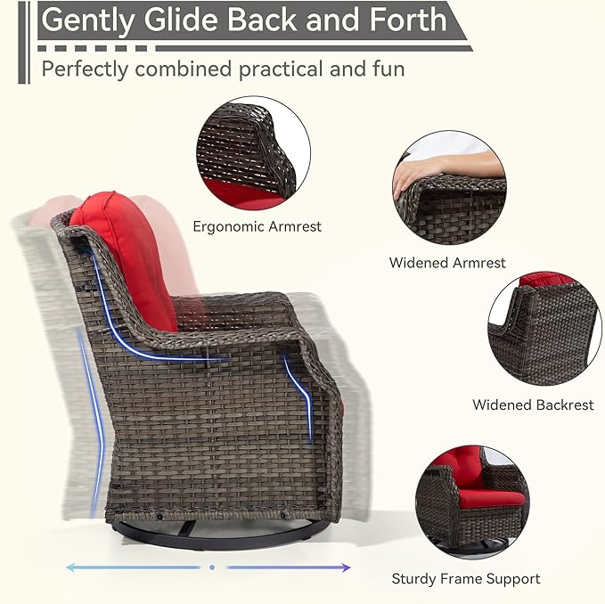 Outdoor Swivel Rocker Patio Chair with Matching Side Table - 360 Degree Patio Swivel Glider Chair with 3.5" Olefin Cushions(Mixed Grey/Red)