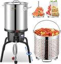 ARC 40QT Turkey Fryer Pot With Basket Kit, Stainless Steel Tamale Steamer Pot And Cast Iron Propane Burner 65,000BTU With Adjustable Legs, Crawfish Boil Seafood Boil Pot Propane Stove For Outdoor