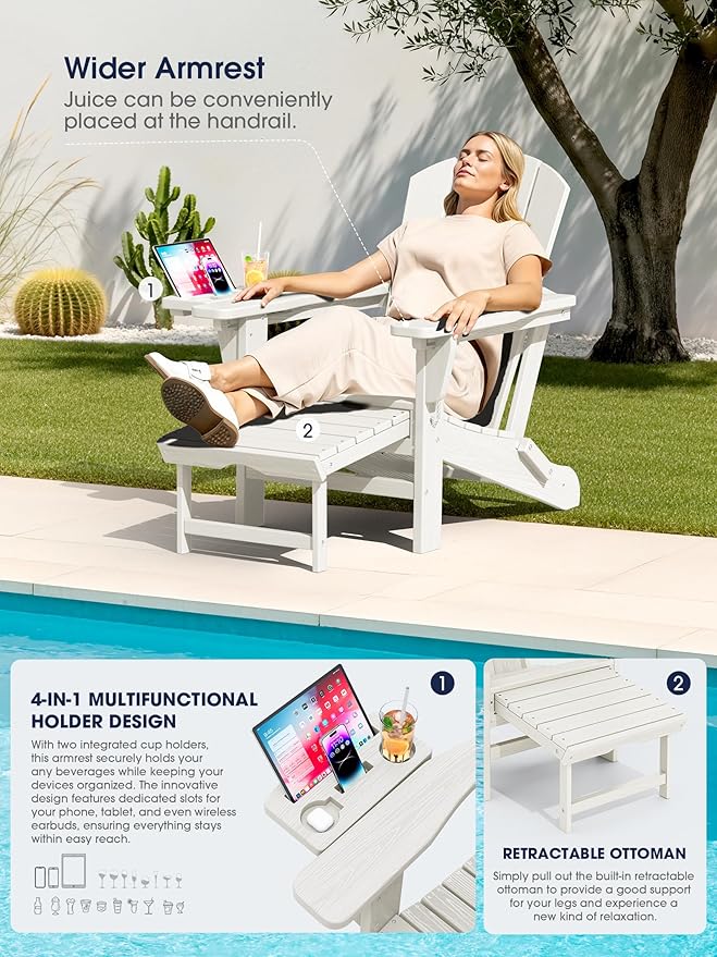 KINGYES Adjustable Folding Adirondack Chair with Footrest & 4-in-1 Multi-Functional Armrest Organizer Set of 2, HDPE Foldable Reclining Adirondack Chair with Pull-Out Ottoman, White
