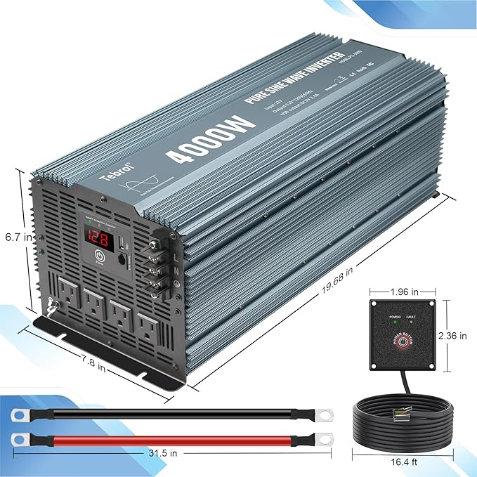 4000W Pure Sine Wave Inverter 12V DC to 110V AC Converter for Home, RV, Truck, Off-Grid Solar Power Inverter with Built-in 5V/2.1A USB, AC Hardwire Port, Remote Controller