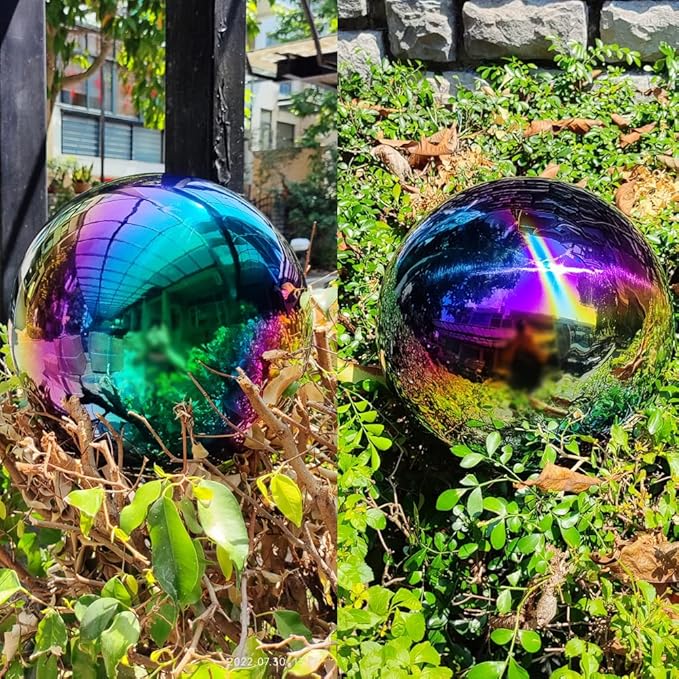 12 inch Diameter Gazing Ball,Rainbow Stainless Steel Polished Reflective Smooth Garden Sphere Globe Mirror,Colorful and Shiny Addition to Any Garden or Home