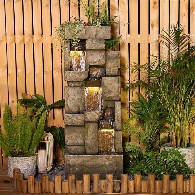 Garden Outdoor Water Fountain, 56.3" H 3-Tiered Imitation Rock Waterfall Fountain with LED Lights and Pumps for Garden, Patio, Backyard, Deck, Porch and Home Art Decor