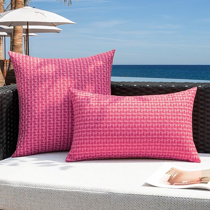 Kevin Textile Outdoor Waterproof Throw Pillow Covers Pack of 2 Farmhouse Decorative Cushion Covers for Garden Patio Tent Balcony Bench Couch Sofa 24x24 Inch, Hot Pink