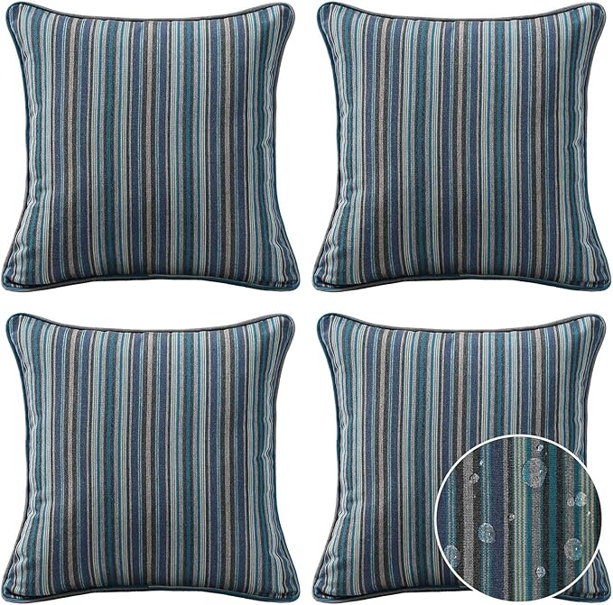 Sunbrella Decorative Outdoor Water Repellent Throw Pillows with Inserts, Set of 4, 18" x18" Pillows for Patio, Backyard, Bed, Couch, and Patio Furniture, Troupe Dock