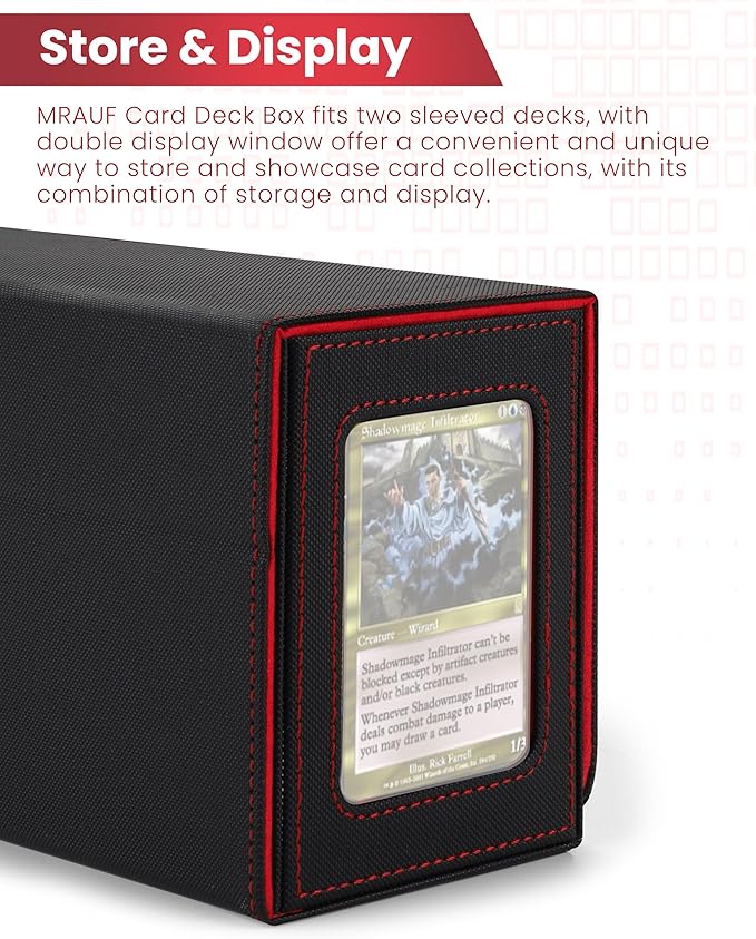 MRAUF MTG Deck Box with Double Commander Display and Dice Tray, Fits 200+ Double Sleeved Cards, Card Storage Box Plus 2 Magnetic Holders& 100Pcs Card Sleeves (Black& Red)