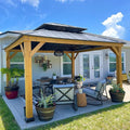 SUNJOY 11 x 13 ft. Wood Gazebo Cedar Framed Gaezbos with Black Double Steel Hardtop Roof for Garden, Backyard Shade, Matte Black Roof + Natural Wood Frame