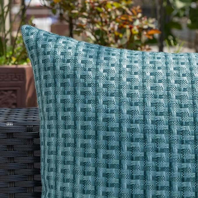 Kevin Textile Outdoor Waterproof Throw Pillow Covers Pack of 2 Weaving Texture Water Resistant Outside Decorative Cushion Covers for Garden Patio Tent Balcony Bench Couch Sofa 18x18 Inch, Teal