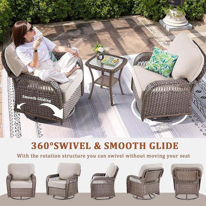 7 Pieces Patio Furniture Set Outdoor Sectional Sofa Couch with Rocking Swivel Chairs 5" Deep Seat Chairs, Modern Wicker Rattan Conversation Set, Beige/Brown Wicker