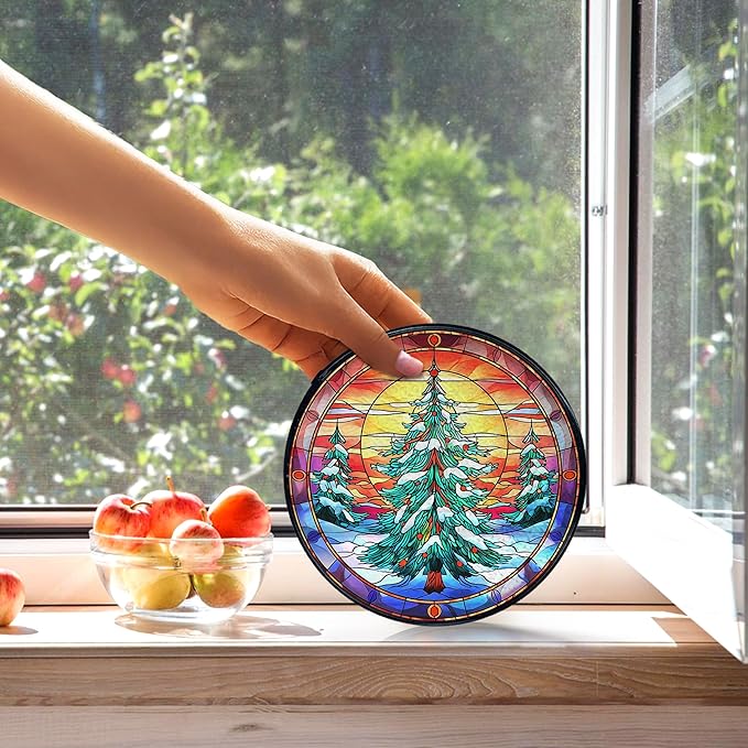 kdqua Christmas Tree Suncatcher Stained Glass Window Hanging, Winter Xmas Tree Sun Catchers Indoor Window Glass Round Wall Decor, Wall Art Hanging Decorations Statues, 7.9x7.9in