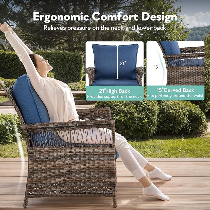 5 Pieces Wicker Patio Furniture Set - Hollow Widen Armrests Outdoor Rattan Chairs, 3 Seat Sofa with Coffee Table & Side Table, Small Patio Convention Set for Deck and Backyard - Brown/Blue