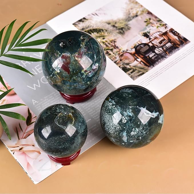 JIC Gem Large Healing Crystal Sphere with Stand Ocean Jasper Crystal Gemstone Decorative Ball for Home Decor Altar Reiki Healing Gift 90-100mm