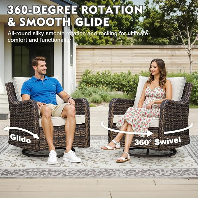 MEISSALIVVE 5 Pieces Patio Furniture Set with 43" Fire Pit Table, Wicker Patio Conversation Set with Swivel Rocking Chairs, Outdoor Patio Set for Lawn Backyard Porch (Brown)