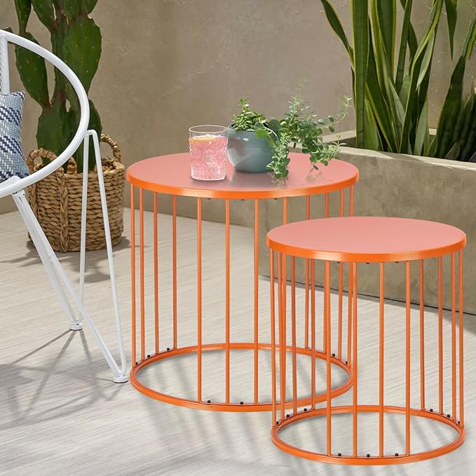 SUNNYPARK Outdoor Side Table Set of 2, Metal Circle Accent End Tables for Balcony Backyard Garden Indoor Living Room, Durable Black Nesting Coffee Tables, 20”+16” Dia
