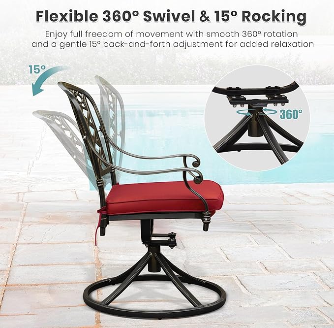 Set of 6 Cast Aluminum Patio Chairs with Cushions, All-Weather Aluminum Outdoor Swivel Chairs, Metal Outdoor Rocking Chairs for Backyard, Poolside and Bistro(Red, 6 Pieces)