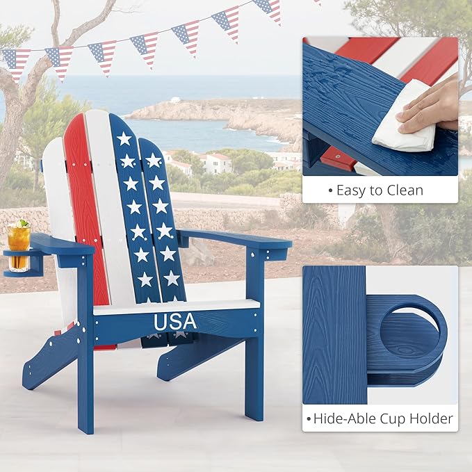 LUE BONA HDPS Adirondack Chairs Set of 6, Fire Pit Outdoor Chair Weather Resistant with Cup Holder, Modern Plastic Chair Plastic for Patio, Deck, Proch, 350LBS, Flag Blue