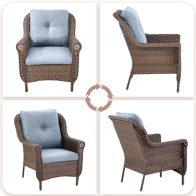 Patio Wicker Chairs Outdoor Furniture Chair - Set of 4 Outside All Weather Lawn Dining Brown Rattan Armchair with High Back&Deep Seating for Deck Porch Balcony Backyard Garden - Baby Blue