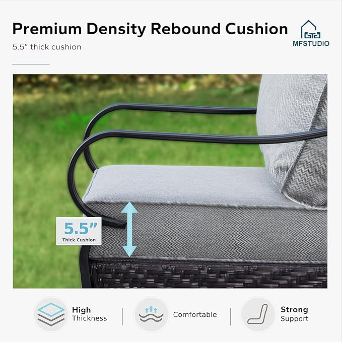 MFSTUDIO 4 Pieces Outdoor Patio Furniture Set, Metal Outdoor Conversation Set, Rattan Wicker Patio Sectional Set with 2 x Swivel Single Sofa, 3-Seat Sofa, 1 x Fire Pit Table, Grey