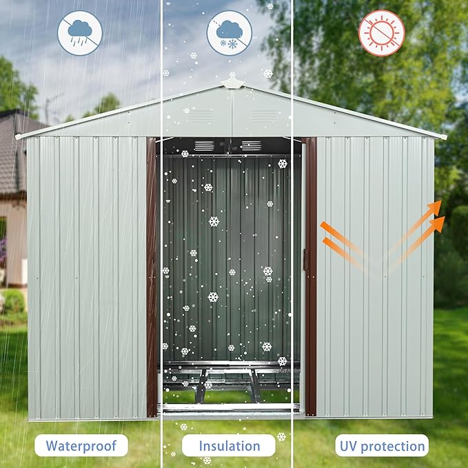 8x4 ft Outdoor Metal Storage Shed with Floor Foundation and Window, Lockable Galvanized Steel Tool Shed with Sliding Door and Air Vent, Waterproof Garden Storage House for Backyard, Patio