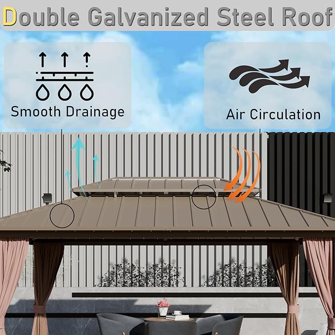 Hardtop Gazebo 10' x 10', Outdoor Aluminum Frame Galvanized Steel Double Roof Pavilion with Netting and Shaded Curtains, Permanent Metal Pergolas for Patio, Backyard, Deck and Lawns.