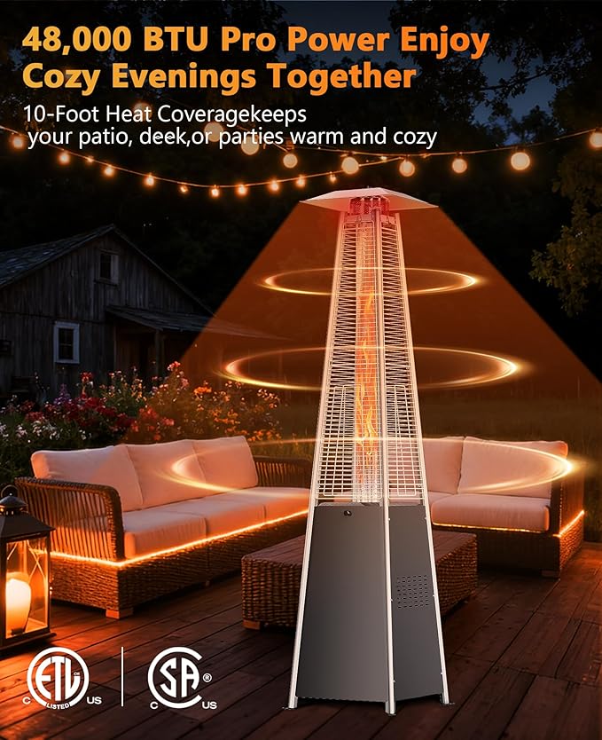 HUGROVE Pyramid Patio Heater for Large Area, 48,000 BTU Rapid Heating Outdoor Propane Heater With Wheels and Weatherproof Cover, Triple Protection System for Patio, Backyard, Garden, Pool (2 heaters)
