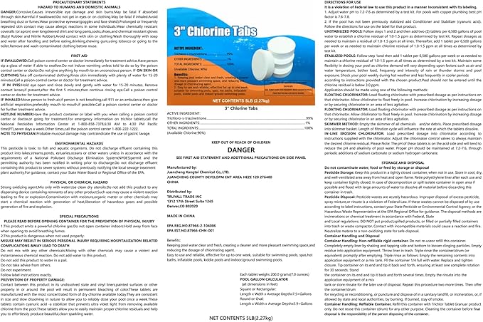 Chlorine Tablets 3 inch 5 Pounds, TABIT Swimming Pool Long Lasting Chlorinating Tablets, Slow Dissolving, Tri-Chlor for Swim Pool, Hot Tubs, Spa