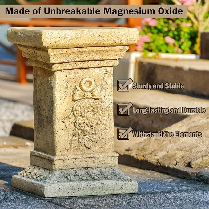 19" Tall Garden Pedestal Stand with Bow Design, Heavy Duty Magnesium Oxide Plinth, Weatherproof Outdoor Pedestal for Sculptures, Flower Pots, Decor – Sturdiness Plinth Base Statue Riser