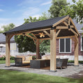 Aoxun 10' x 12' Outdoor Wood Gazebo, Hardtop Gazebo Permanent Wooden Pavilion with Galvanized Steel Gable Roof, for Patio, Garden, Backyard, Cedar Wood