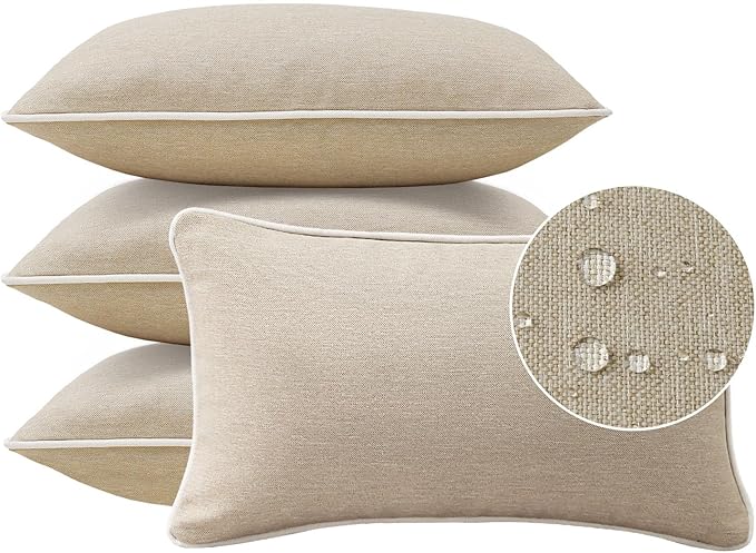 Decorative Outdoor Water Repellent Throw Pillows with Inserts, Set of 4, 20" x12" Pillows for Patio, Backyard, Bed, Couch, and Patio Furniture, Tan