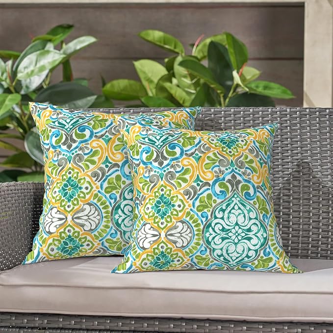 LVTXIII Outdoor Throw Pillow Covers 16 x 16 Inch, Covers ONLY Modern Cute Pattern Decorative Square Toss Pillow Case Pack of 2 for Home Patio Garden Sofa Bed Furniture, Damask Green