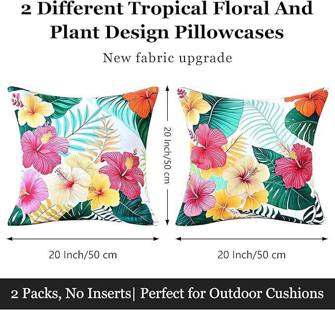 Outdoor Pillow Covers 18x18 Inch Set of 2 Tropical Floral Plants Boho Throw Pillows Cases Waterproof Square Garden Cushion Sham for Patio Funiture Tent Balcony Bench Sofa Couch, Green