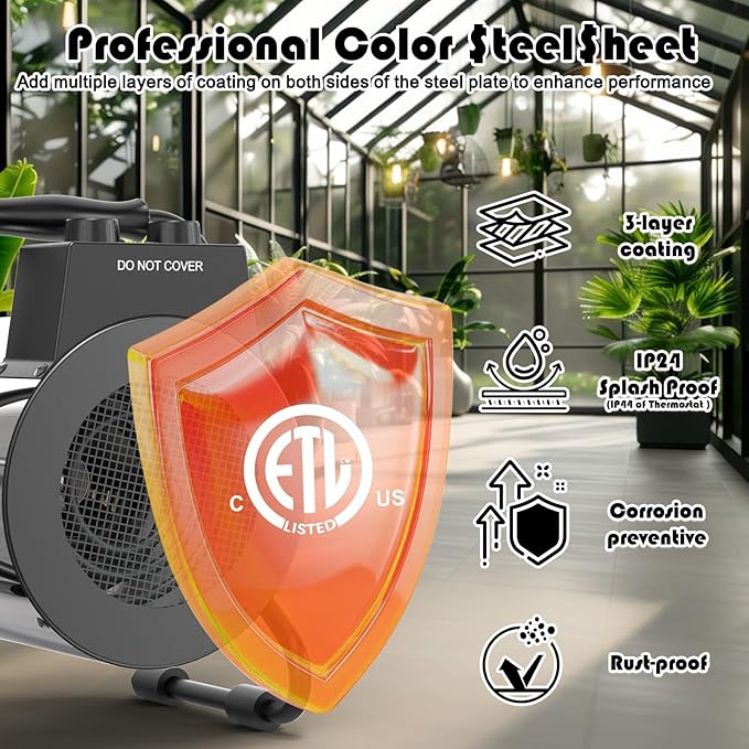 Greenhouse Heater with Thermostat - Portable Patio Outdoor Heater for Green House, Overheating Protection, Fast Heating, Garage Outdoor Use, Silver, X-Large