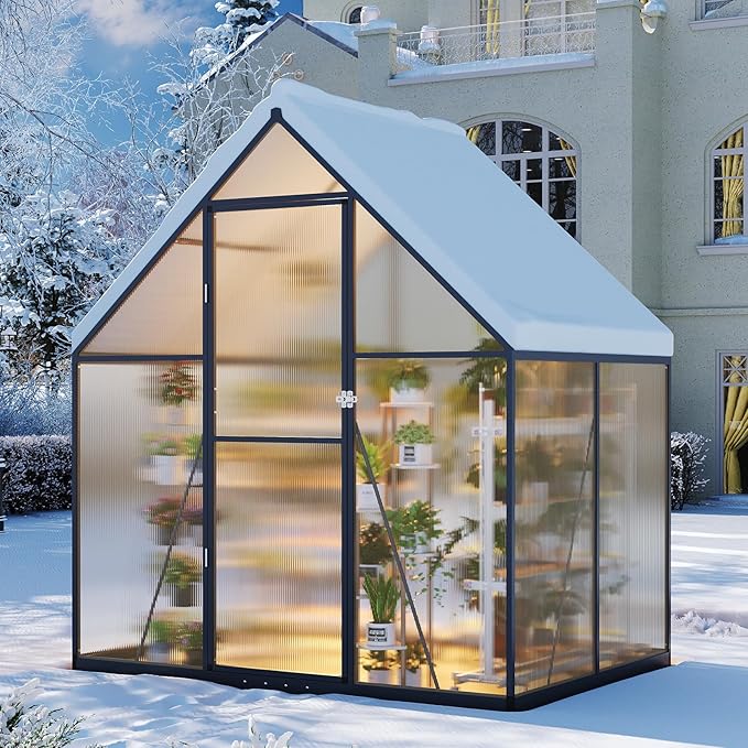 Aoxun 4x6 FT Outdoor Greenhouse, Polycarbonate Greenhouse with Aluminum Frame, Walk-in Green House with Roof Vent, Ground Nails, Lockable Door for Garden Backyard, Patio, Lawn,Quick-Installation
