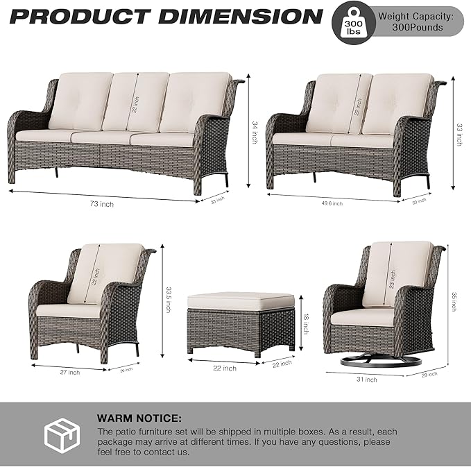 Joyside Wicker Patio Furniture Sets 8 Piece Set with 3-Seat Sofa, 2 Swivel Rocking Armchairs, 2 Armchairs, 2 Ottoman and 1 Side Table Wicker Outdoor Furniture Sectional Conversation Set, Beige