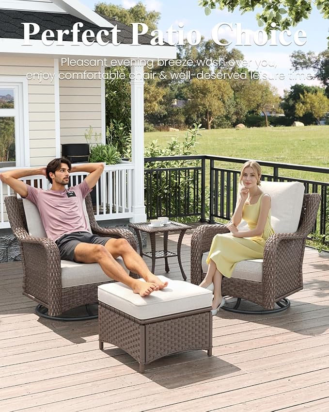 LayinSun 5 Piece Wicker Outdoor Furniture Set with 6-inch Comfy Cushions, High Back Patio Furniture Set with Swivel Rocking Chairs and Fire Pit Table