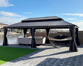 PURPLE LEAF 14' X 24' Outdoor Hardtop Gazebo Patio Wide Aluminum Frame Metal Double Roof with Heavy Duty Netting and Curtains for Permanent Hard Top Pavilion Screen, Navy Blue