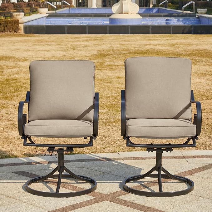MELLCOM Patio Swivel Chair Set of 6, Heavy Duty Outdoor Dining Chairs with Thickened Cushions, Metal Patio Chairs Gentle Rocker for Outside, Garden Lawn & Porch, Backyard, Khaki